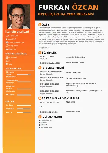 Metalürji Ve Malzeme Mühendisliği Cv Örnekleri cv indir